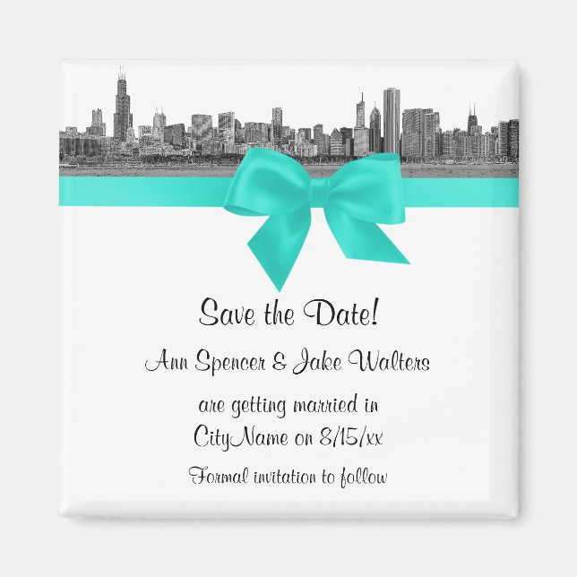 Chicago Skyline Etched BW Aqua Save the Date Magnet (Front)
