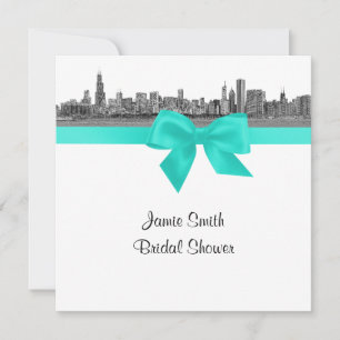 Chicago Skyline Etched BW Aqua SQ Bridal Shower S Invitation
