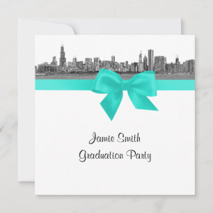Chicago Skyline Etched BW Aqua SQ Graduation Party Invitation