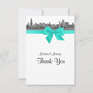 Chicago Skyline Etched BW Aqua Thank You Card