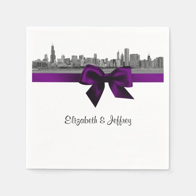 Chicago Skyline Etched BW Purple Napkins (Front)