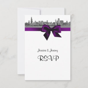 Chicago Skyline Etched BW Purple RSVP #2 Card