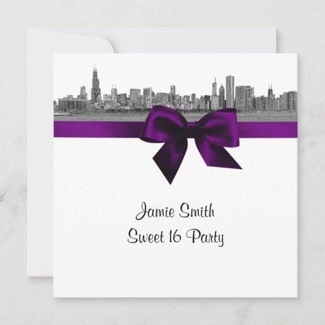 Chicago Skyline Etched BW Purple Sweet Sixteen SQ Invitation (Front)