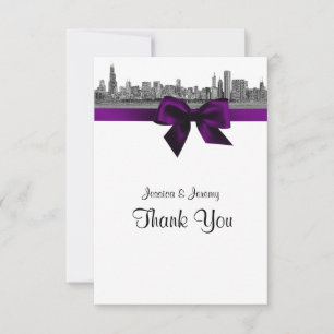 Chicago Skyline Etched BW Purple Thank You Card