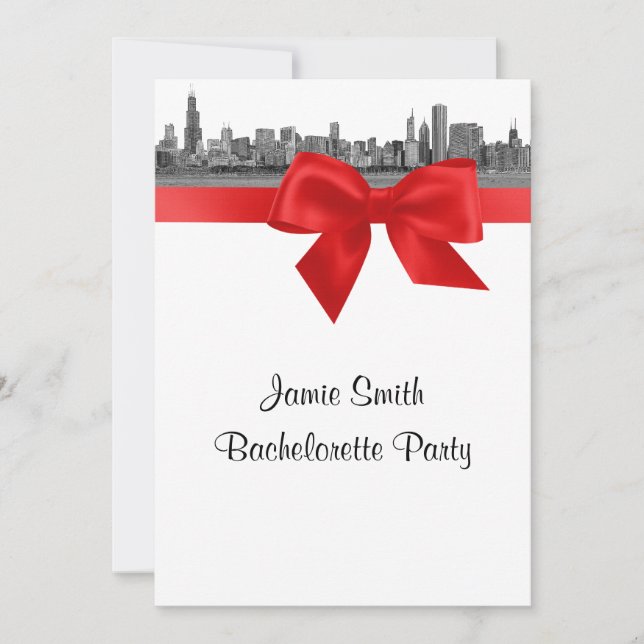 Chicago Skyline Etched BW Red Bachelorette Invitation (Front)
