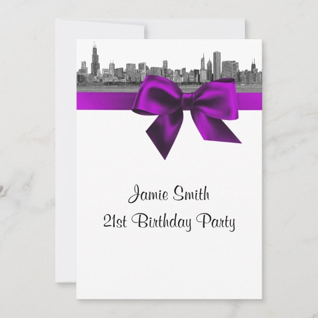 Chicago Skyline Etched BW Violet Birthday Party Invitation (Front)