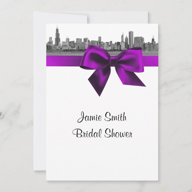Chicago Skyline Etched BW Violet Bridal Shower S Invitation (Front)