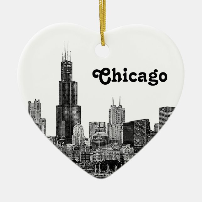 Chicago Skyline Etched Ceramic Tree Decoration (Front)