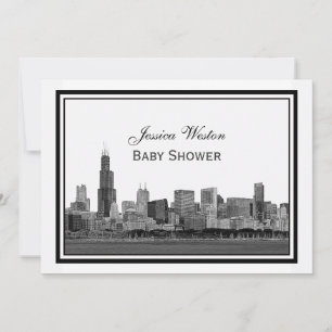 Chicago Skyline Etched Framed #2 H Baby Shower Invitation