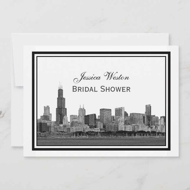 Chicago Skyline Etched Framed #2 H Bridal Shower Invitation (Front)