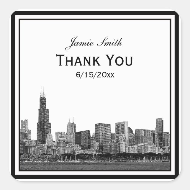 Chicago Skyline Etched Framed Thank You Square Sticker (Front)