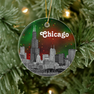 Chicago Skyline Etched, Green Red Starry Sky Xmas Ceramic Tree Decoration