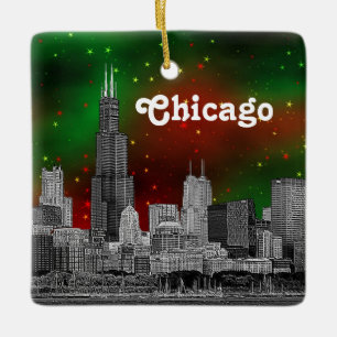 Chicago Skyline Etched, Green Red Starry Sky Xmas Ceramic Tree Decoration