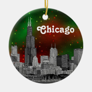 Chicago Skyline Etched, Green Red Starry Sky Xmas Ceramic Tree Decoration
