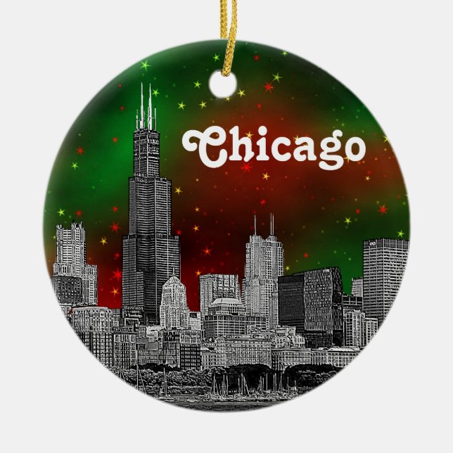 Chicago Skyline Etched, Green Red Starry Sky Xmas Ceramic Tree Decoration (Front)