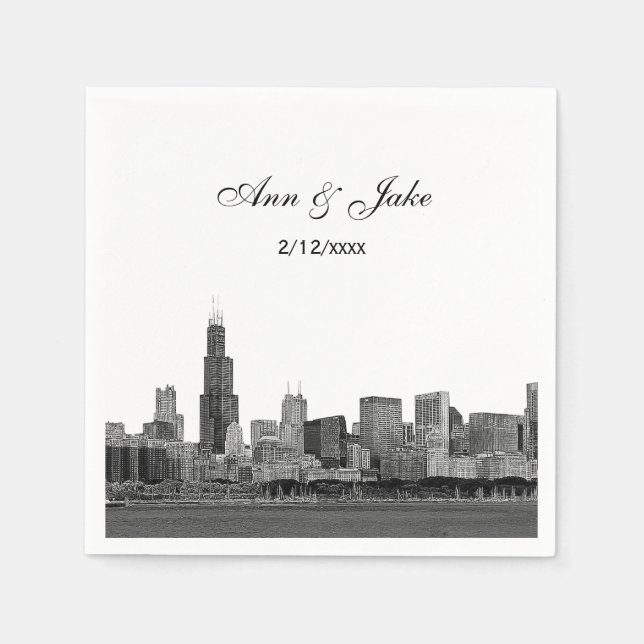 Chicago Skyline Etched Look Skyline Wedding Napkin (Front)