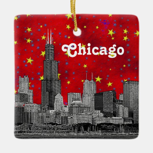 Chicago Skyline Etched, Red Starry Sky Ceramic Ornament (Front)
