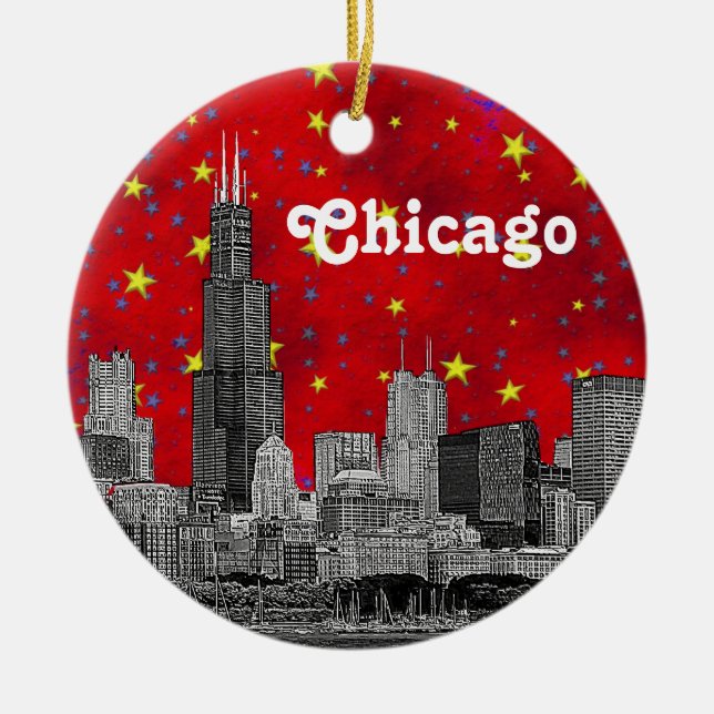 Chicago Skyline Etched, Red Starry Sky Ceramic Tree Decoration (Front)