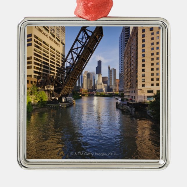 Chicago Skyline from the Kinzie St Bridge Metal Tree Decoration (Front)