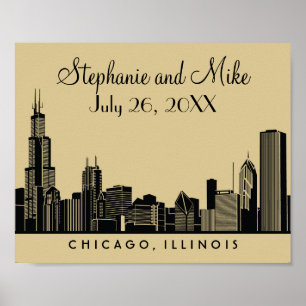 Chicago Skyline Gold Wedding Reception Welcome Poster