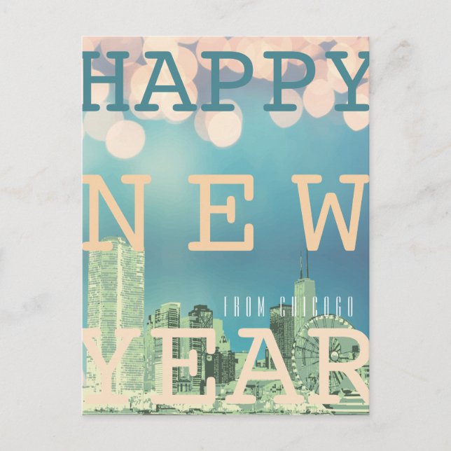 Chicago Skyline Happy New Year Holiday Postcard (Front)