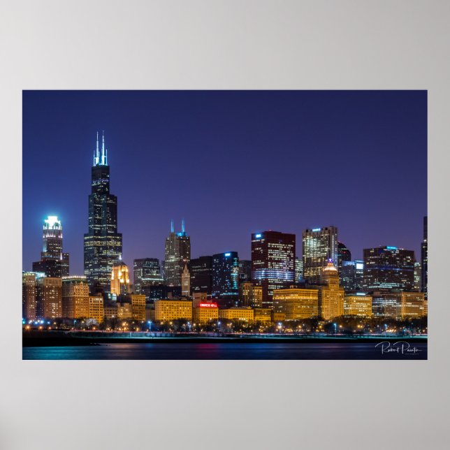 Chicago Skyline Illinois Night Sky Poster (Front)