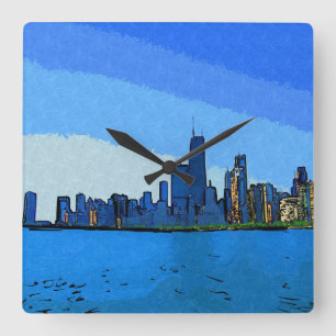 Chicago Skyline in Collage Paint Square Wall Clock