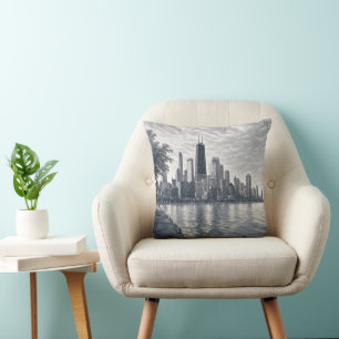Chicago Skyline in Pointillist Art Cushion