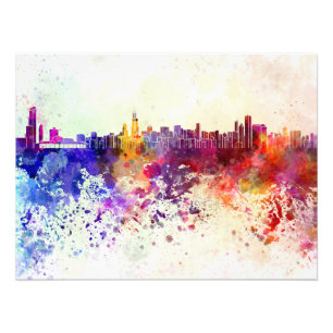 Chicago skyline in watercolor background photo print