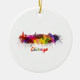 Chicago skyline in watercolor ceramic tree decoration