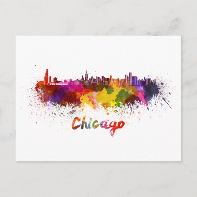 Chicago skyline in watercolor postcard (Front)