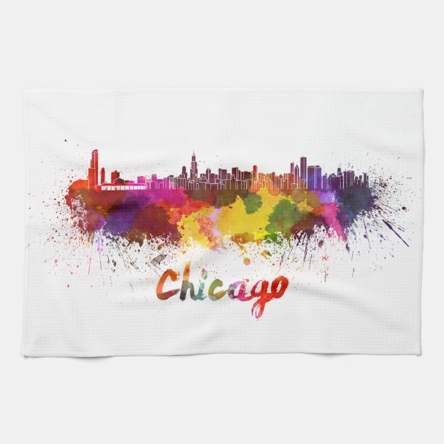 Chicago skyline in watercolor tea towel (Horizontal)