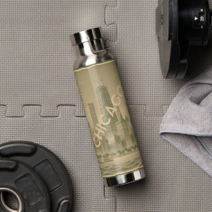 Chicago Skyline Khaki Green Tan Water Bottle