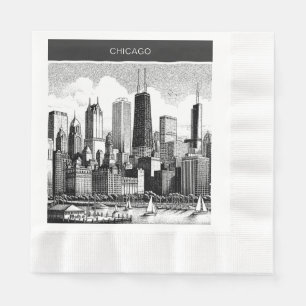 Chicago Skyline Modern Black White Napkin