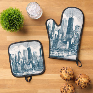Chicago Skyline Modern Blue White Oven Mitt & Pot Holder Set