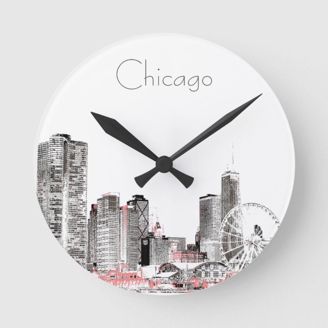 Chicago Skyline modern grey  pink design Round Clock (Front)