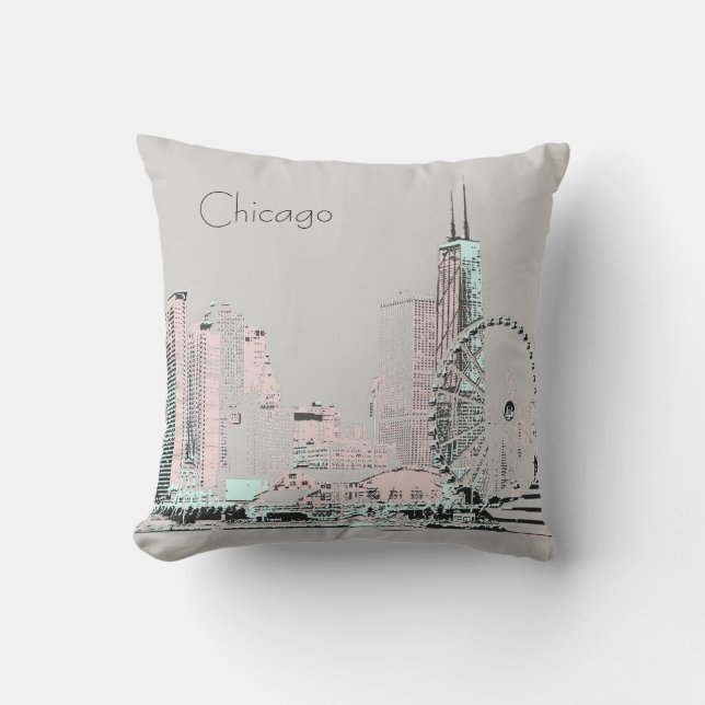 Chicago Skyline modern grey pink mint Cushion (Front)