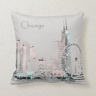 Chicago Skyline modern grey pink mint Cushion