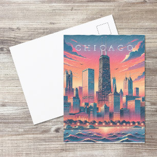 Chicago Skyline Modern Orange Blue Postcard