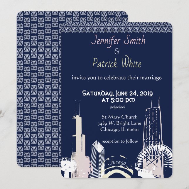Chicago Skyline Navy blue lace elegant Invitation (Front/Back)