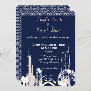 Chicago Skyline Navy blue lace elegant Invitation
