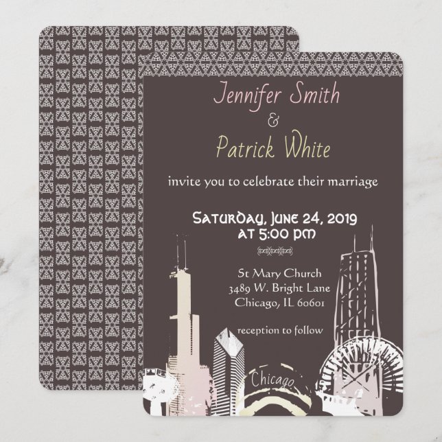 Chicago Skyline Navy blue lace elegant Invitation (Front/Back)