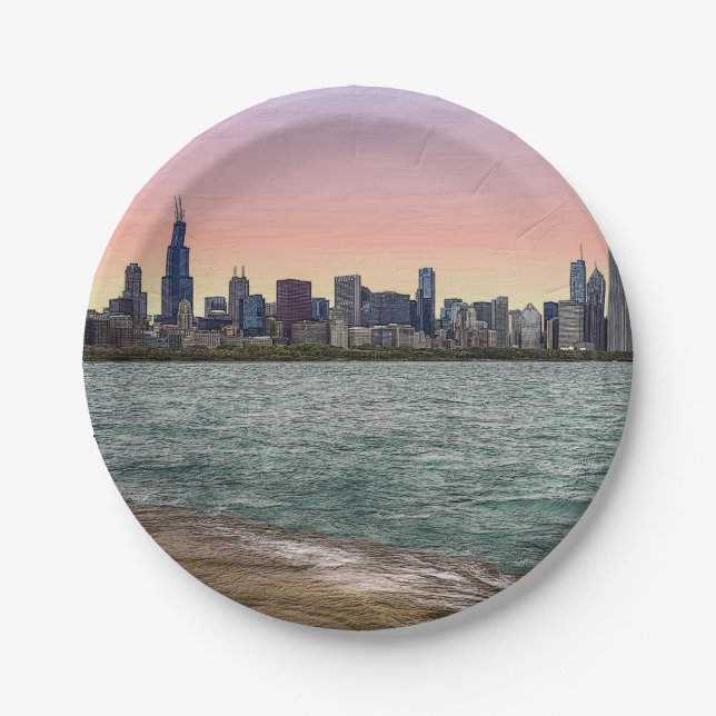 Chicago Skyline Painterly Paper Plate (Front)