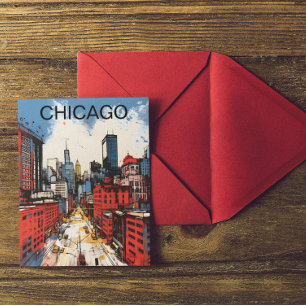 Chicago Skyline Painting – Windy City Urban Art Postcard