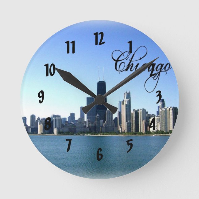 Chicago Skyline Photo Across from Lake Michigan Round Clock (Front)