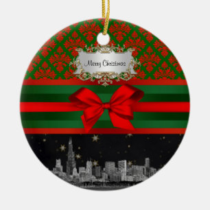 Chicago Skyline Red Green Damask #2 Bow Xmas Ceramic Tree Decoration