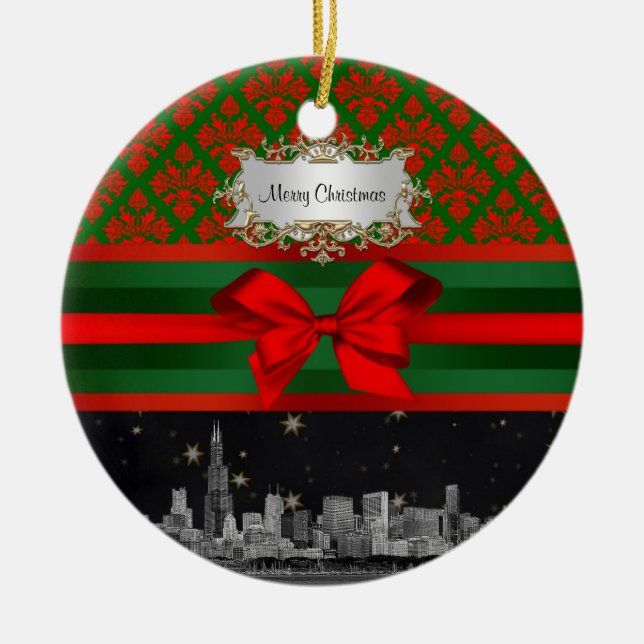 Chicago Skyline Red Green Damask #2 Bow Xmas Ceramic Tree Decoration (Front)