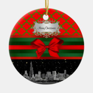 Chicago Skyline, Red Green Quatrefoil Xmas Ceramic Tree Decoration