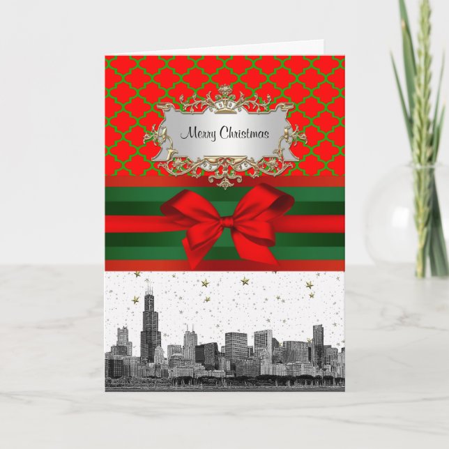 Chicago Skyline Red Green Quatrefoil Xmas Holiday Card (Front)