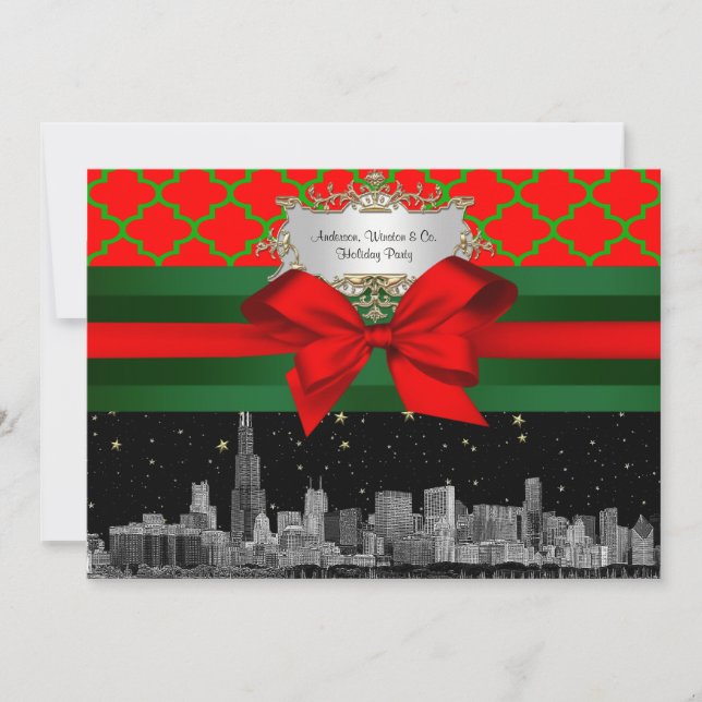 Chicago Skyline, Red Green Quatrefoil Xmas Invitation (Front)